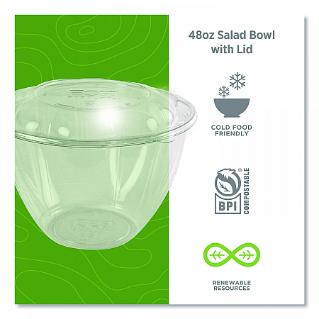 Renewable and Compostable Salad Bowls with Lids, 48 oz, Clear, Plastic, 150/Carton (EPSB48)