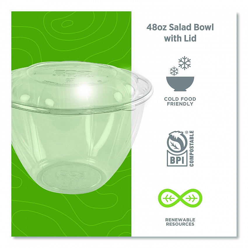 Renewable and Compostable Salad Bowls with Lids, 48 oz, Clear, Plastic, 150/Carton (EPSB48)