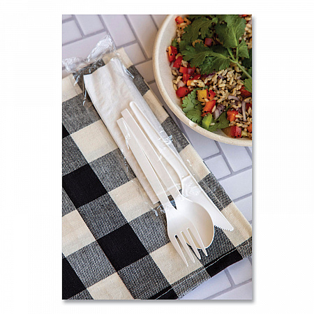 EcoSense Renewable PSM Wrapped Cutlery Kit, Fork/Knife/Napkin/Spoon, Plastic, White, 250/Carton (EPS005)