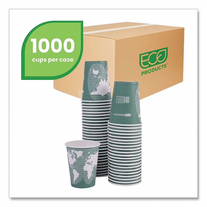World Art Renewable and Compostable Hot Cups, 12 oz, Paper, Sage, 50/Pack, 20 Packs/Carton (EPBHC12WA)