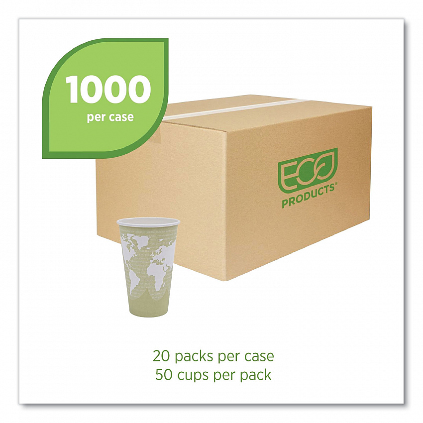 World Art Renewable and Compostable Hot Cups, 16 oz, Paper, Tan, 50/Pack, 20 Packs/Carton (EPBHC16WA)