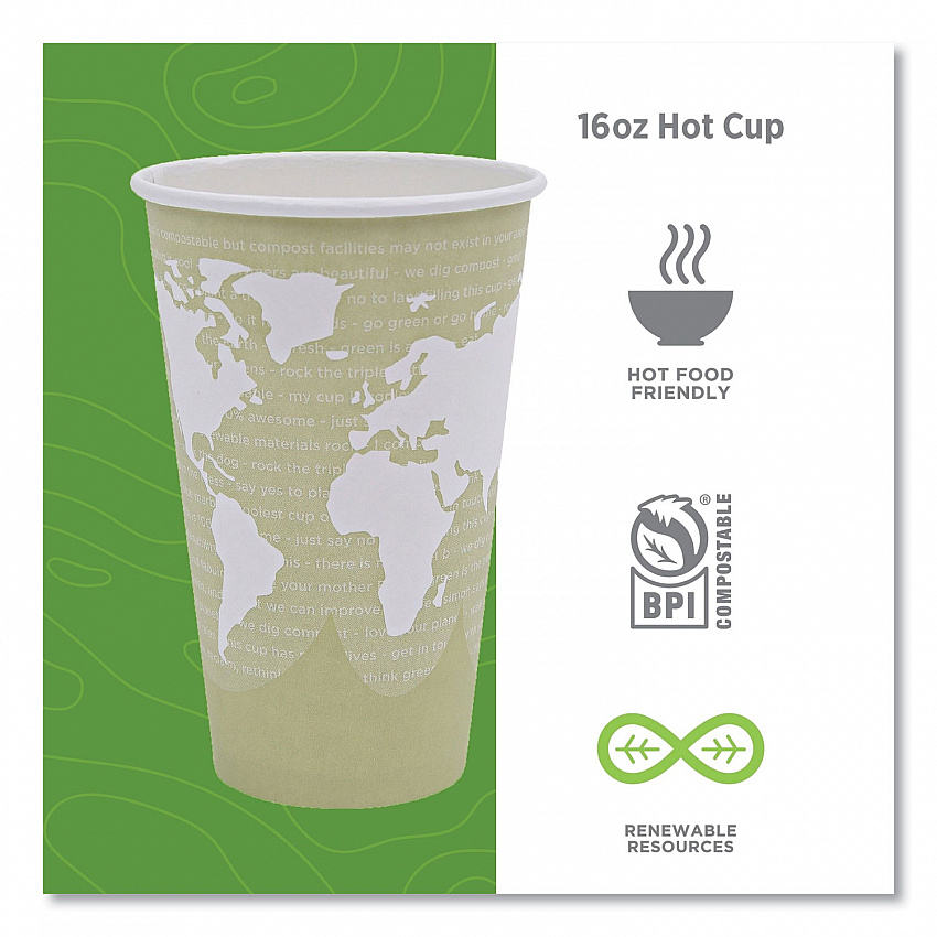 World Art Renewable and Compostable Hot Cups, 16 oz, Paper, Tan, 50/Pack, 20 Packs/Carton (EPBHC16WA)