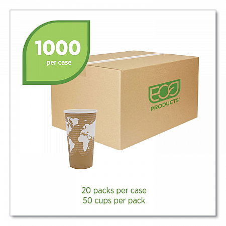 World Art Renewable and Compostable Hot Cups, 20 oz, Paper, Brown/White, 50/Pack, 20 Packs/Carton (EPBHC20WA)