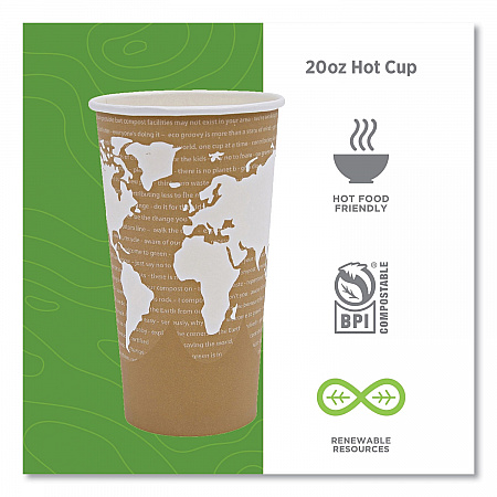 World Art Renewable and Compostable Hot Cups, 20 oz, Paper, Brown/White, 50/Pack, 20 Packs/Carton (EPBHC20WA)