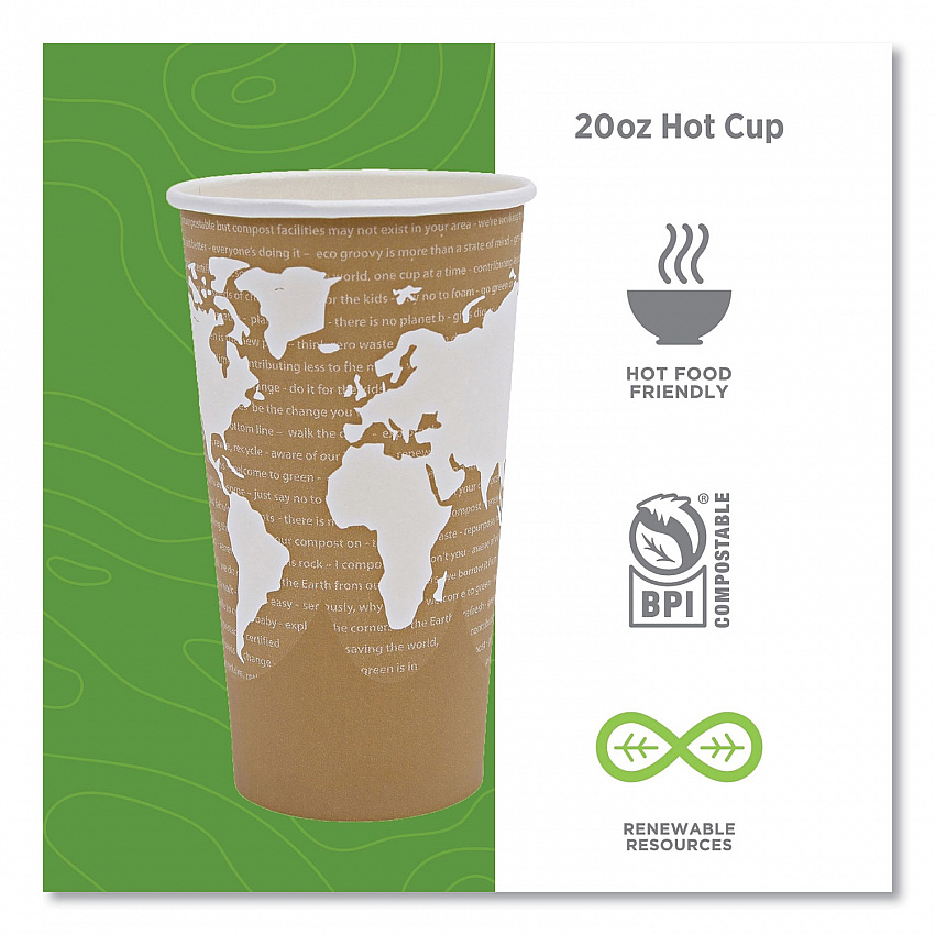 World Art Renewable and Compostable Hot Cups, 20 oz, Paper, Brown/White, 50/Pack, 20 Packs/Carton (EPBHC20WA)