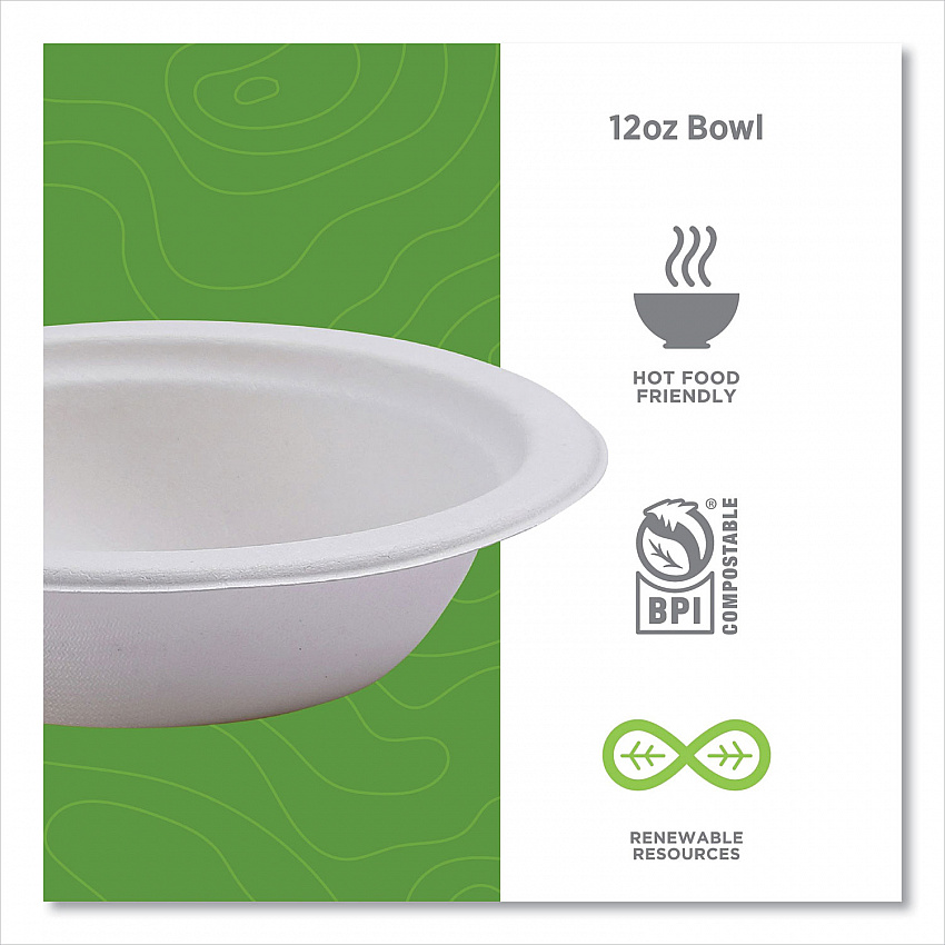 Vanguard Renewable and Compostable Sugarcane Bowls, 12 oz, White, 1,000/Carton (EPBL12NFA)