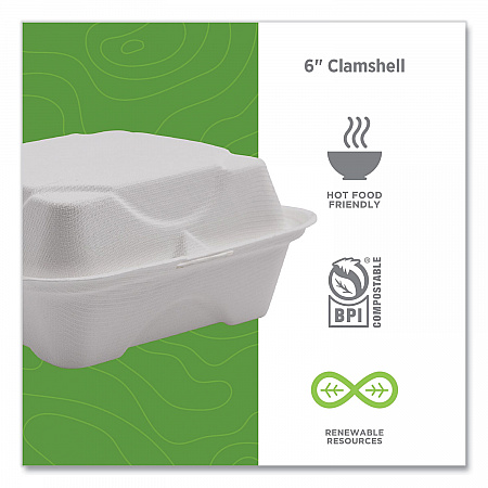 Vanguard Renewable and Compostable Sugarcane Clamshells, 6 x 6 x 3, White, 500/Carton (EPHC6NFA)