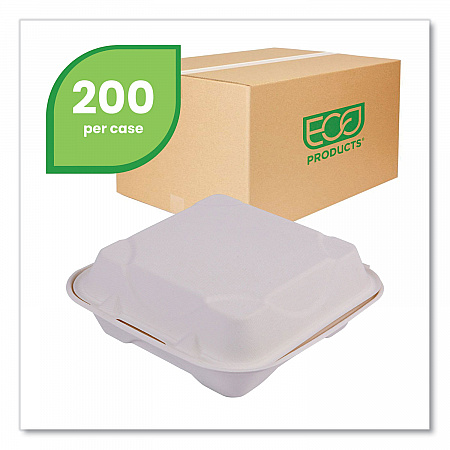 Vanguard Renewable and Compostable Sugarcane Clamshells, 8 x 8 x 3, White, 200/Carton (EPHC81NFA)