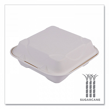 Vanguard Renewable and Compostable Sugarcane Clamshells, 8 x 8 x 3, White, 200/Carton (EPHC81NFA)