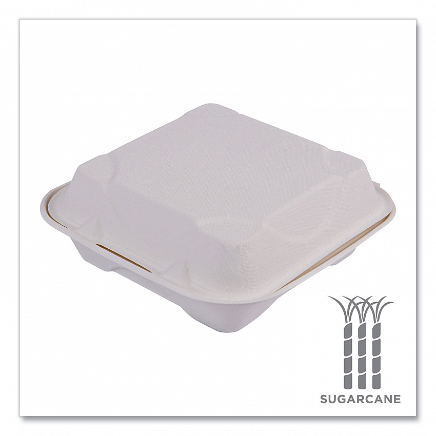 Vanguard Renewable and Compostable Sugarcane Clamshells, 8 x 8 x 3, White, 200/Carton (EPHC81NFA)