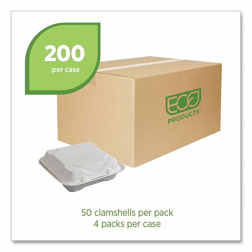 Vanguard Renewable and Compostable Sugarcane Clamshells, 9 x 9 x 3, White, 200/Carton (EPHC91NFA)