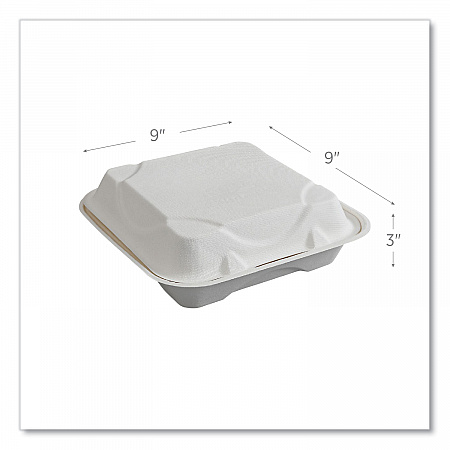 Vanguard Renewable and Compostable Sugarcane Clamshells, 9 x 9 x 3, White, 200/Carton (EPHC91NFA)
