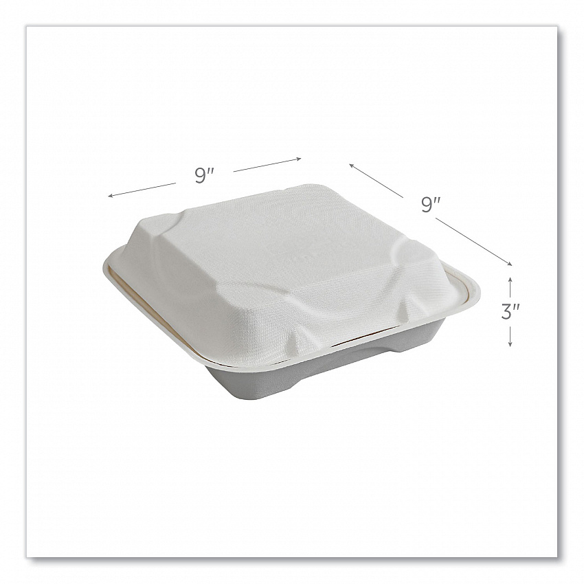 Vanguard Renewable and Compostable Sugarcane Clamshells, 9 x 9 x 3, White, 200/Carton (EPHC91NFA)