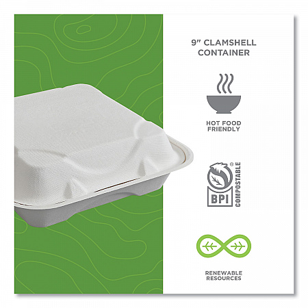 Vanguard Renewable and Compostable Sugarcane Clamshells, 9 x 9 x 3, White, 200/Carton (EPHC91NFA)