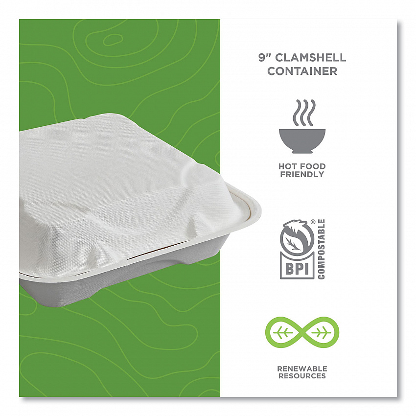 Vanguard Renewable and Compostable Sugarcane Clamshells, 9 x 9 x 3, White, 200/Carton (EPHC91NFA)