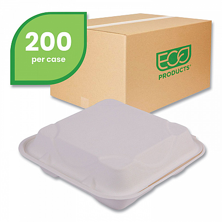 Vanguard Renewable and Compostable Sugarcane Clamshells, 3 Compartments, 9 x 9 x 3, White, 200/Carton (EPHC93NFA)
