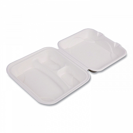 Vanguard Renewable and Compostable Sugarcane Clamshells, 3 Compartments, 9 x 9 x 3, White, 200/Carton (EPHC93NFA)