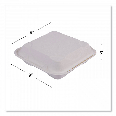 Vanguard Renewable and Compostable Sugarcane Clamshells, 3 Compartments, 9 x 9 x 3, White, 200/Carton (EPHC93NFA)