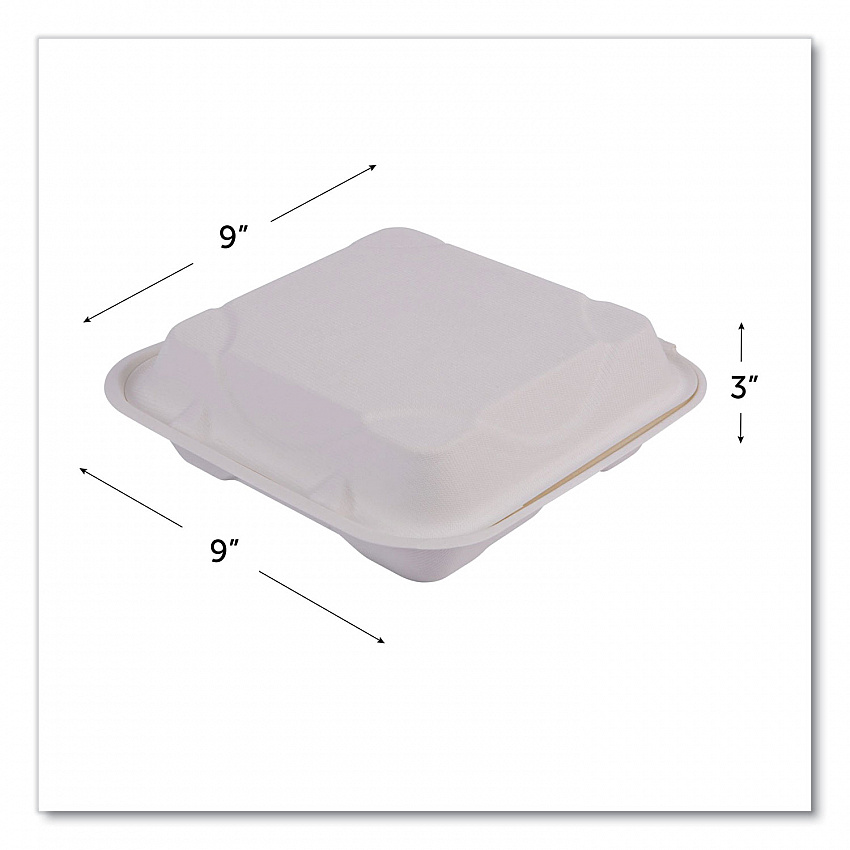 Vanguard Renewable and Compostable Sugarcane Clamshells, 3 Compartments, 9 x 9 x 3, White, 200/Carton (EPHC93NFA)