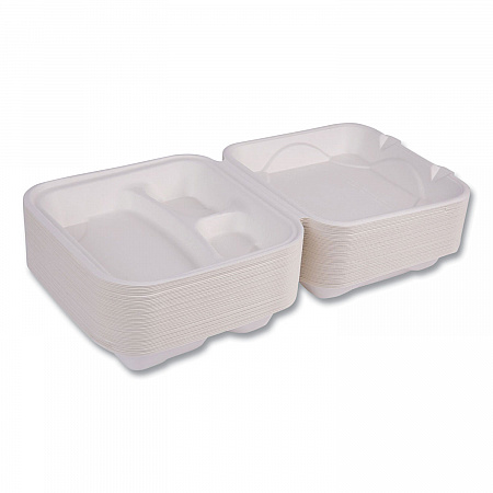 Vanguard Renewable and Compostable Sugarcane Clamshells, 3 Compartments, 9 x 9 x 3, White, 200/Carton (EPHC93NFA)