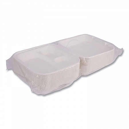 Vanguard Renewable and Compostable Sugarcane Clamshells, 3 Compartments, 9 x 9 x 3, White, 200/Carton (EPHC93NFA)