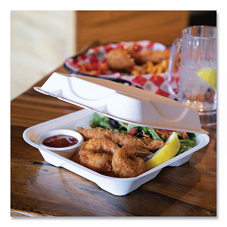 Vanguard Renewable and Compostable Sugarcane Clamshells, 3 Compartments, 9 x 9 x 3, White, 200/Carton (EPHC93NFA)