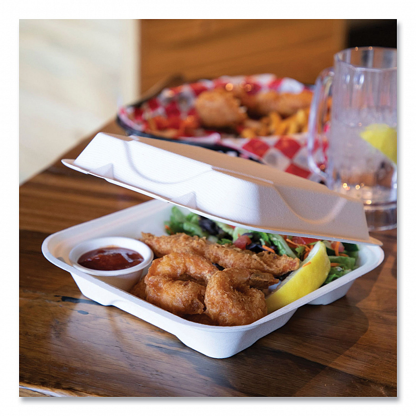 Vanguard Renewable and Compostable Sugarcane Clamshells, 3 Compartments, 9 x 9 x 3, White, 200/Carton (EPHC93NFA)