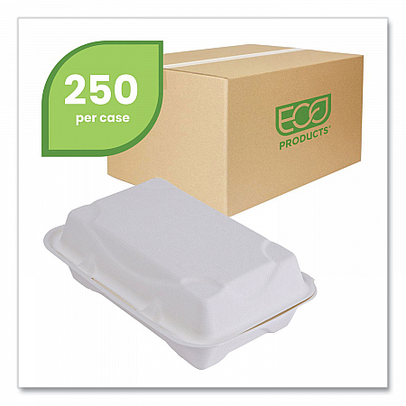 Vanguard Renewable and Compostable Sugarcane Clamshells, 9 x 6 x 3, White, 250/Carton (EPHC96NFA)