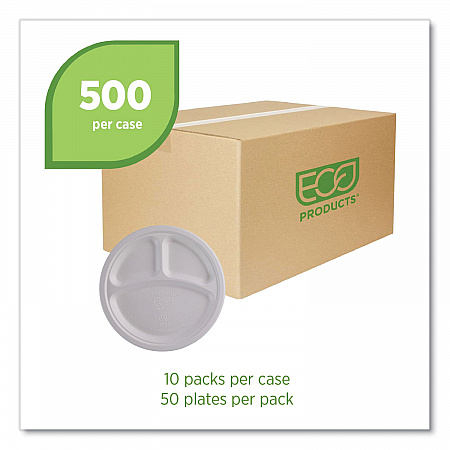 Vanguard Renewable and Compostable Sugarcane Plates, 3-Compartment Plate, 10