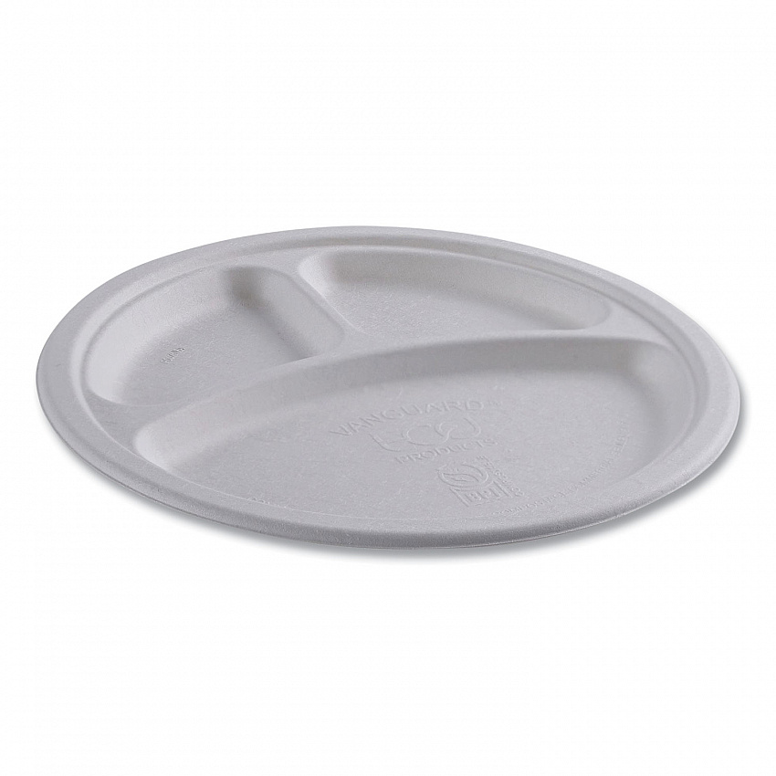 Vanguard Renewable and Compostable Sugarcane Plates, 3-Compartment Plate, 10" dia, White, 500/Carton (EPP007NFA)