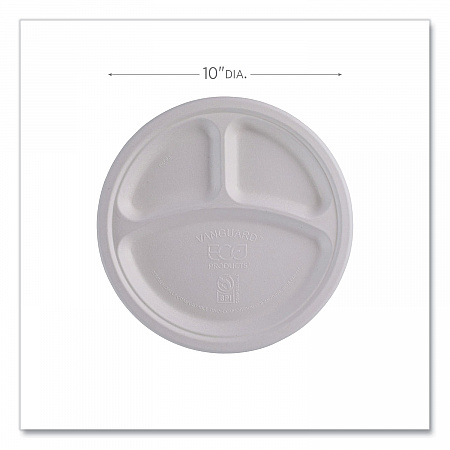 Vanguard Renewable and Compostable Sugarcane Plates, 3-Compartment Plate, 10