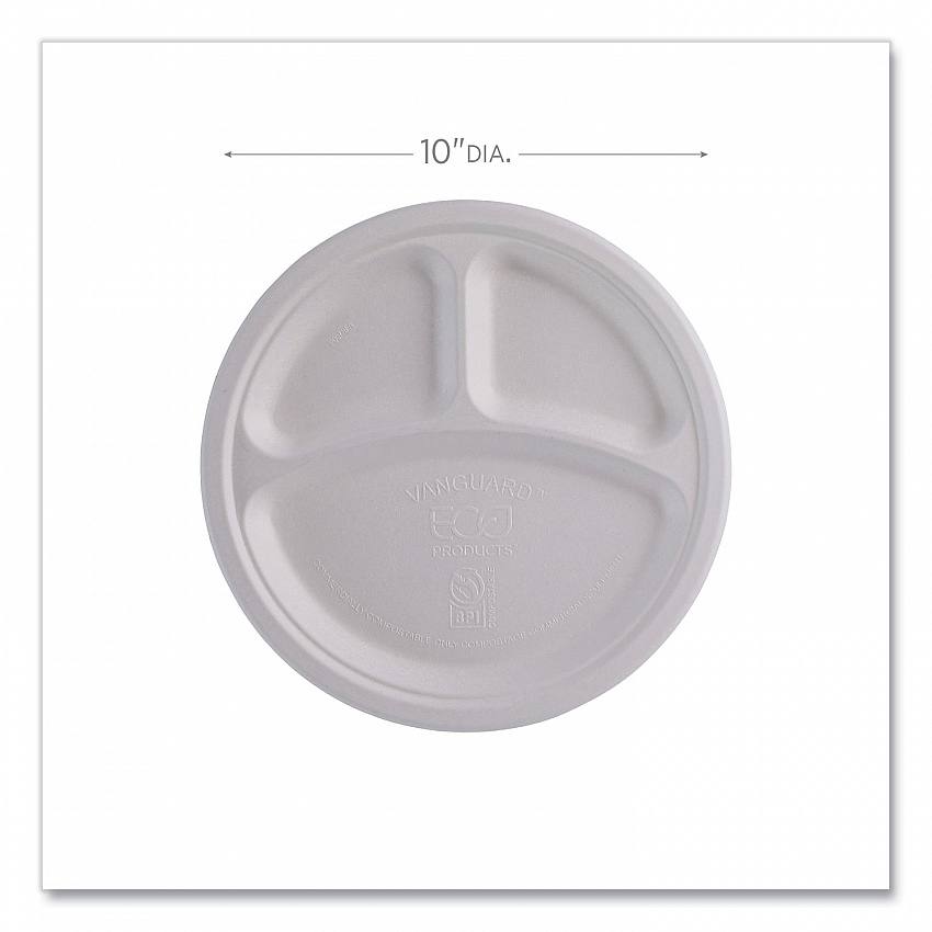 Vanguard Renewable and Compostable Sugarcane Plates, 3-Compartment Plate, 10" dia, White, 500/Carton (EPP007NFA)