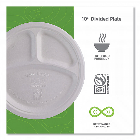 Vanguard Renewable and Compostable Sugarcane Plates, 3-Compartment Plate, 10