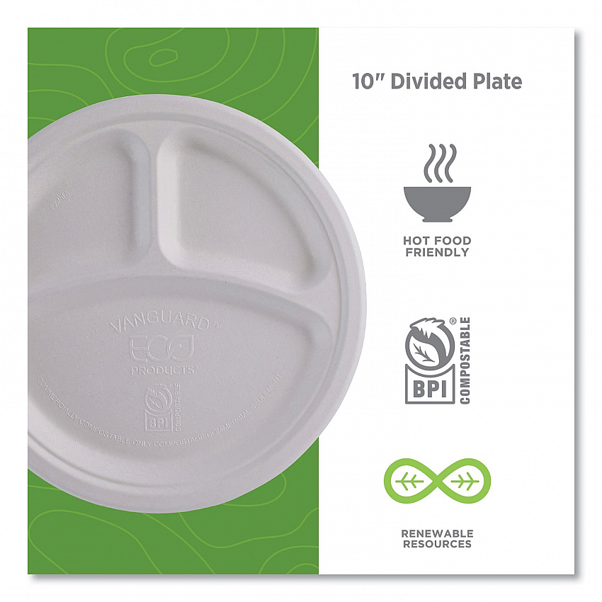 Vanguard Renewable and Compostable Sugarcane Plates, 3-Compartment Plate, 10" dia, White, 500/Carton (EPP007NFA)