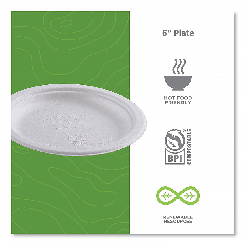 Vanguard Renewable and Compostable Sugarcane Plates, 6" dia, White, 1,000/Carton (EPP016NFA)