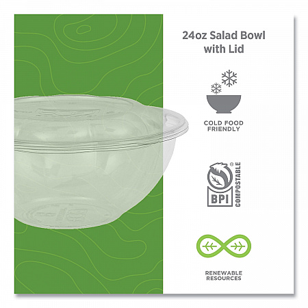Renewable and Compostable Salad Bowls with Lids, 24 oz, Clear, Plastic, 50/Pack, 3 Packs/Carton (EPSB24)