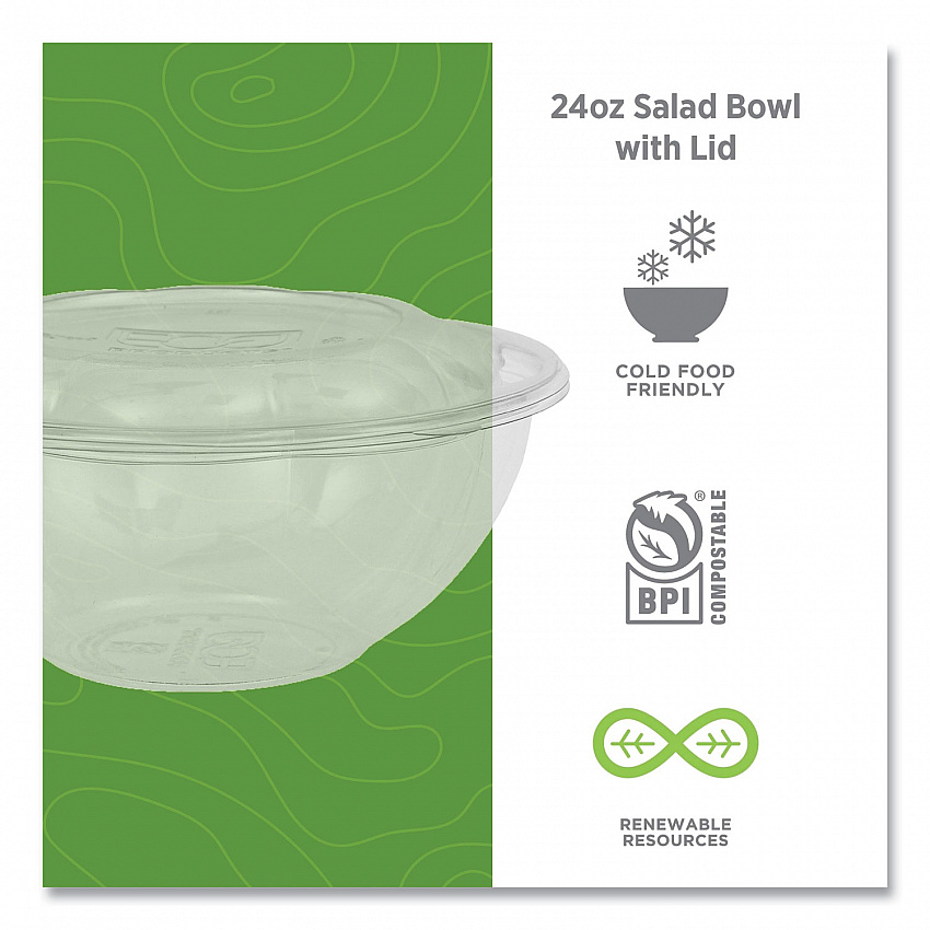 Renewable and Compostable Salad Bowls with Lids, 24 oz, Clear, Plastic, 50/Pack, 3 Packs/Carton (EPSB24)