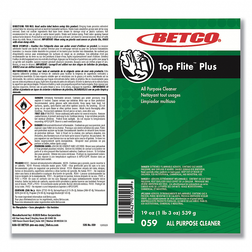 Top Flite Plus All-Purpose Cleaner, 19 oz Aerosol Can, 12/Carton (0592300)