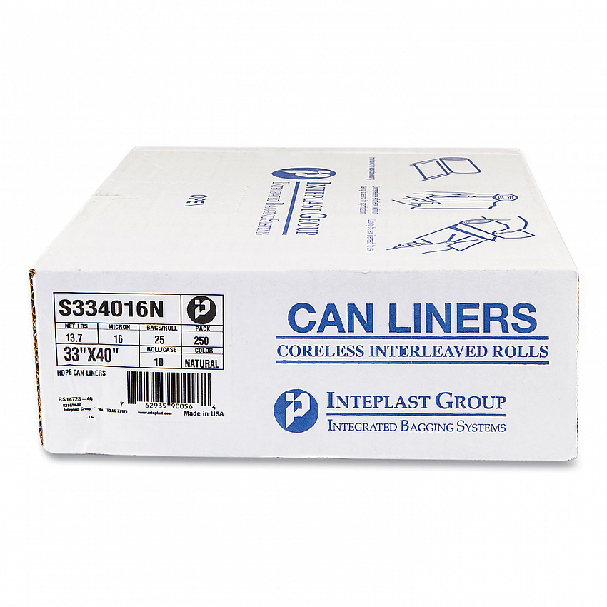 High-Density Commercial Can Liners, 33 gal, 16 mic, 33" x 40", Clear, Interleaved Roll, 25 Bags/Roll, 10 Rolls/Carton (S334016N)