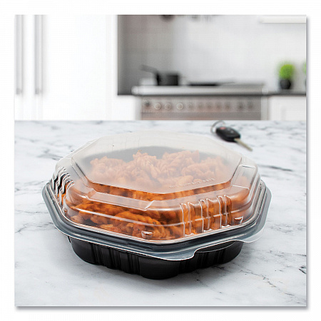 OctaView Hinged-Lid Hot Food Containers, 7.47 x 7.94 x 3.11, Black/Clear, Plastic, 100/Carton (807011PP94)