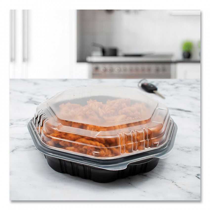 OctaView Hinged-Lid Hot Food Containers, 7.47 x 7.94 x 3.11, Black/Clear, Plastic, 100/Carton (807011PP94)