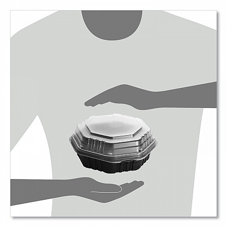 OctaView Hinged-Lid Hot Food Containers, 7.47 x 7.94 x 3.11, Black/Clear, Plastic, 100/Carton (807011PP94)