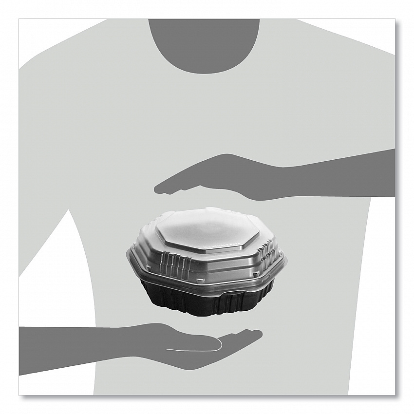 OctaView Hinged-Lid Hot Food Containers, 7.47 x 7.94 x 3.11, Black/Clear, Plastic, 100/Carton (807011PP94)