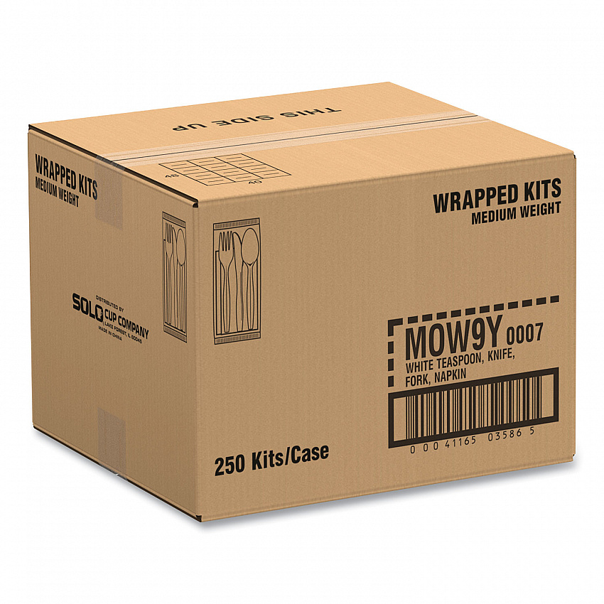 Regal Mediumweight Cutlery Kit, Individually Wrapped, Fork/Knife/Napkin/Spoon, Plastic, White, 250/Carton (MOW9Y0007)