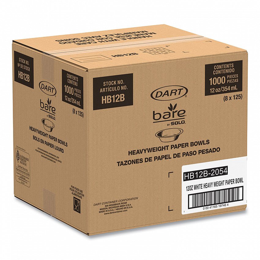Bare Eco-Forward Clay-Coated Paper Dinnerware, ProPlanet Seal, Bowl, 12 oz, White, 125/Bag, 8 Bags/Carton (HB12B)