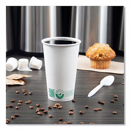 Compostable Paper Hot Cups, ProPlanet Seal, 16 oz, White/Green, 1,000/Carton (316PLAPLANET)