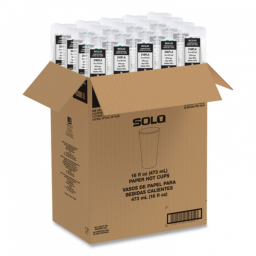 Compostable Paper Hot Cups, ProPlanet Seal, 16 oz, White/Green, 1,000/Carton (316PLAPLANET)