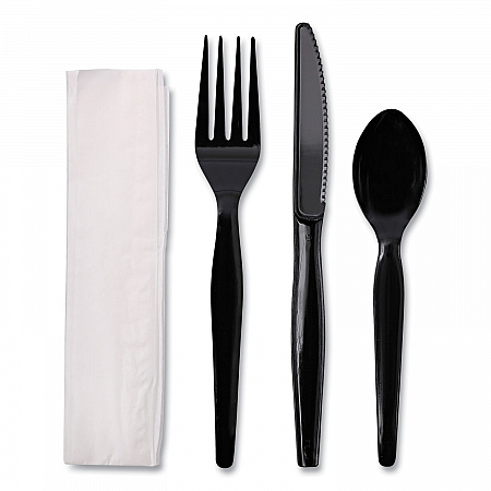 Four-Piece Cutlery Kit, Heavyweight, Fork/Knife/Napkin/Spoon, Plastic, Black, 250/Carton (FKTNHWPSBLA)