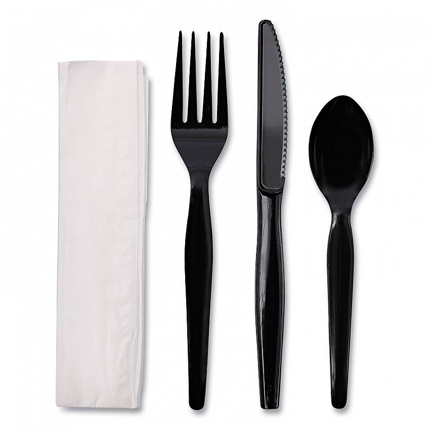 Four-Piece Cutlery Kit, Heavyweight, Fork/Knife/Napkin/Spoon, Plastic, Black, 250/Carton (FKTNHWPSBLA)