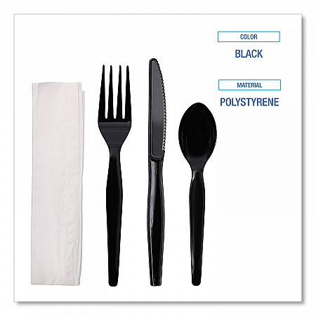 Four-Piece Cutlery Kit, Heavyweight, Fork/Knife/Napkin/Spoon, Plastic, Black, 250/Carton (FKTNHWPSBLA)